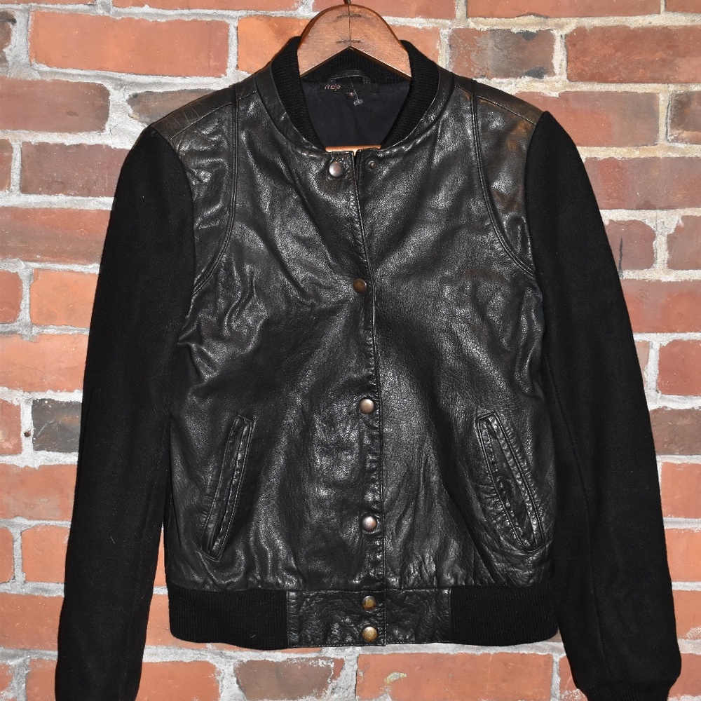 🖤 MAJE Calf Leather Wool Classic Fall Bomber…